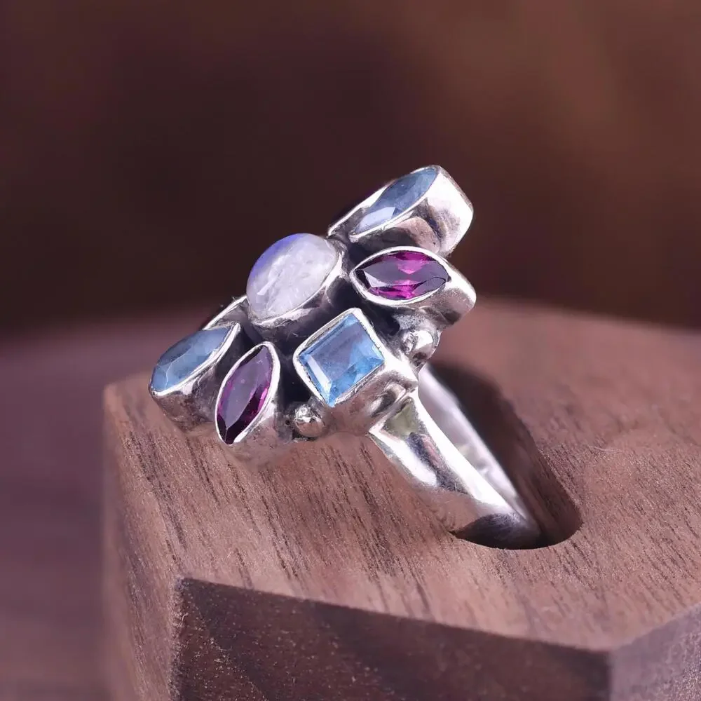Nicky Butler Sterling Moonstone Blue Topaz Pink Tourmaline Gemstone Ring - Picture 3 of 9